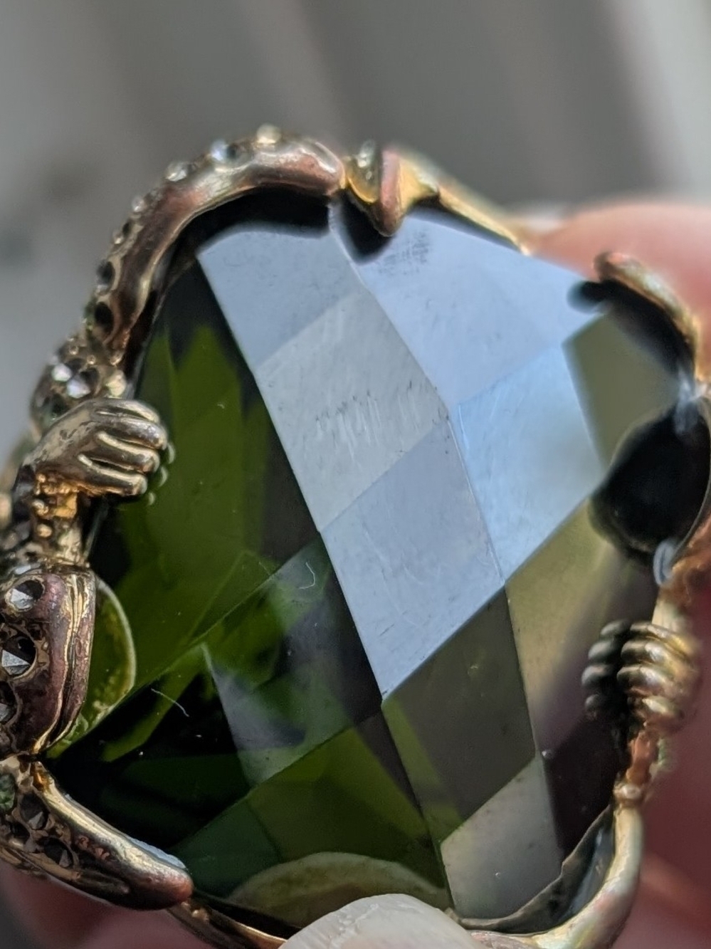 Vintage Inspired Large Green Square Cocktail Ring with Bronze Detailing, Size 7